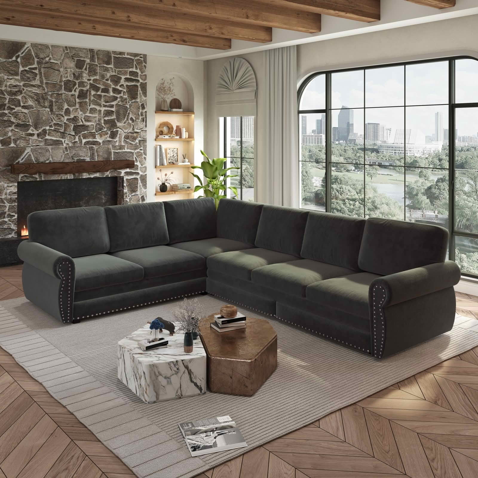 MAYEERTY 118" L‑Shaped Convertible Pull‑Out Sofa Bed, Chenille Sectional Couch with Nailhead Trim & Rolled Arms, Oversized Multifunctional Sleeper Sofa