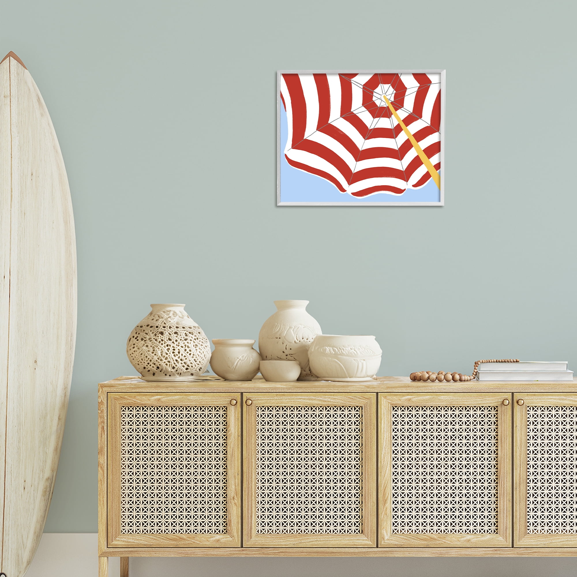 Stupell Industries Red & White Umbrella Coastal Painting White Framed Art Print Wall Art, 20 x 16