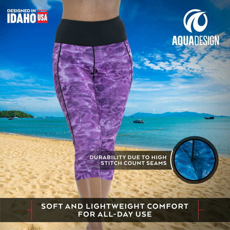 Aqua Design High Waisted Capri Leggings for Women: Liquid Purple/Black size  Medium
