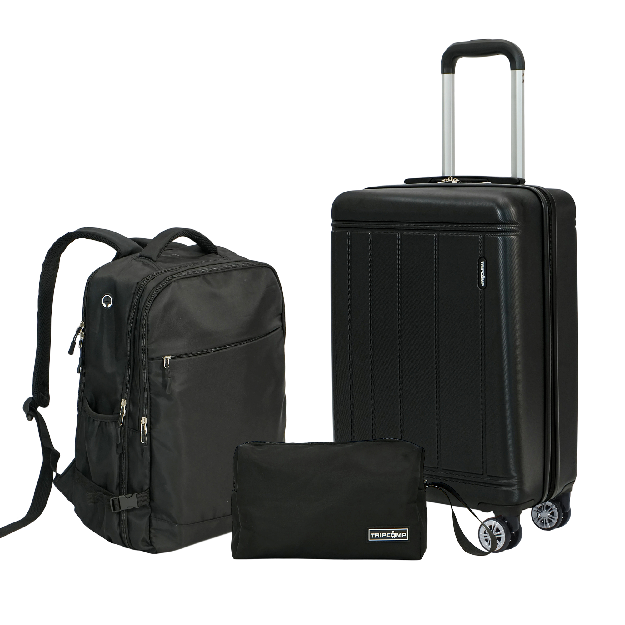 Tripcomp 3 Piece Carry-on Luggage Sets, Hardside Suitcase with Spinner Wheels,Travel Backpack and a Packing Cube (Black)