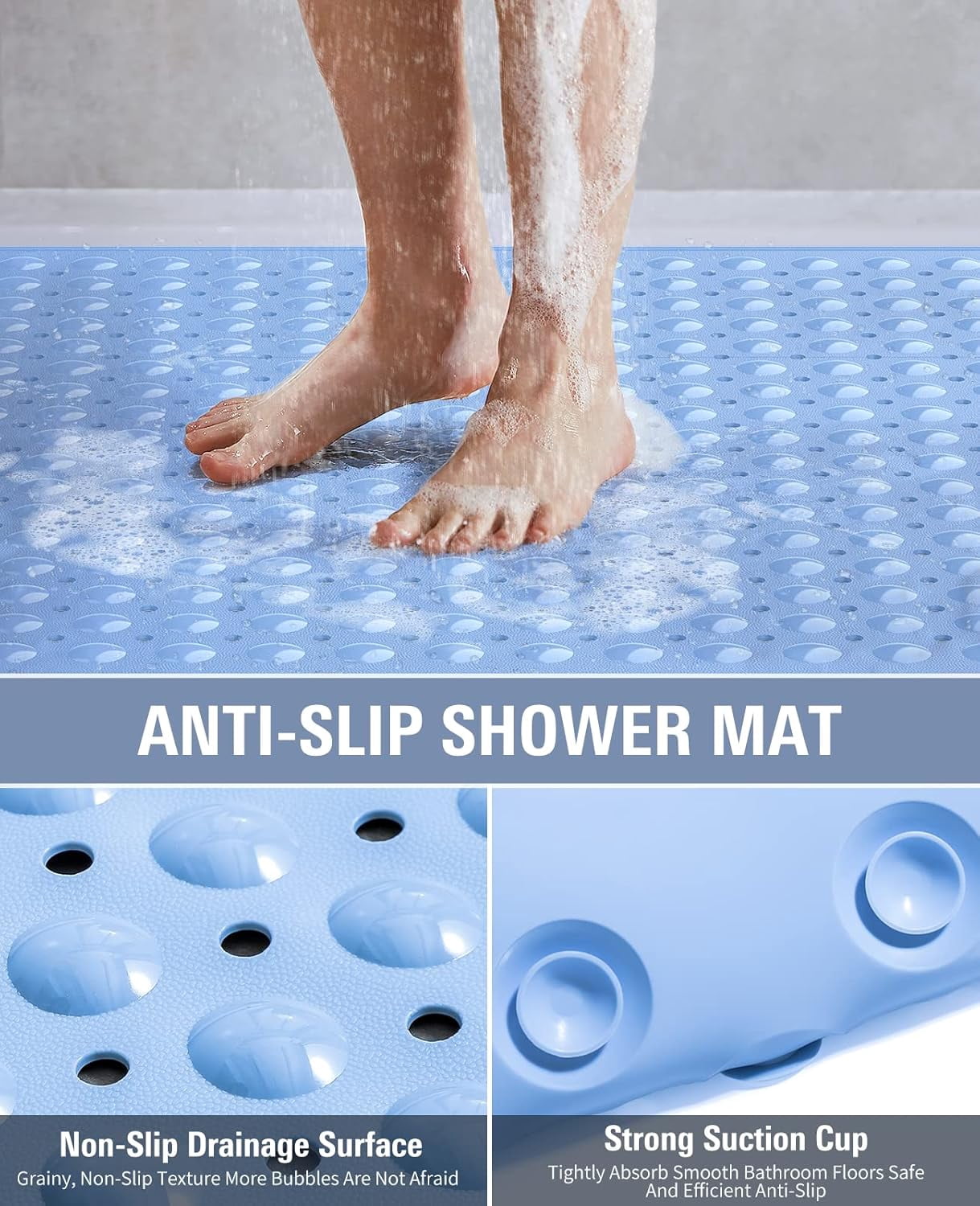 Yolife Extra Large Shower Mat 47.2"x31.5" - TPE Non-Slip Bath Mat/Suction Cups & Drain Holes, Heavy Duty for Shower Stall, Odor-Free,Light Blue