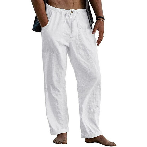 Mens Beach Loose Cotton Linen Pants Yoga Drawstring Elasticated Trousers  Summer(M,white) 