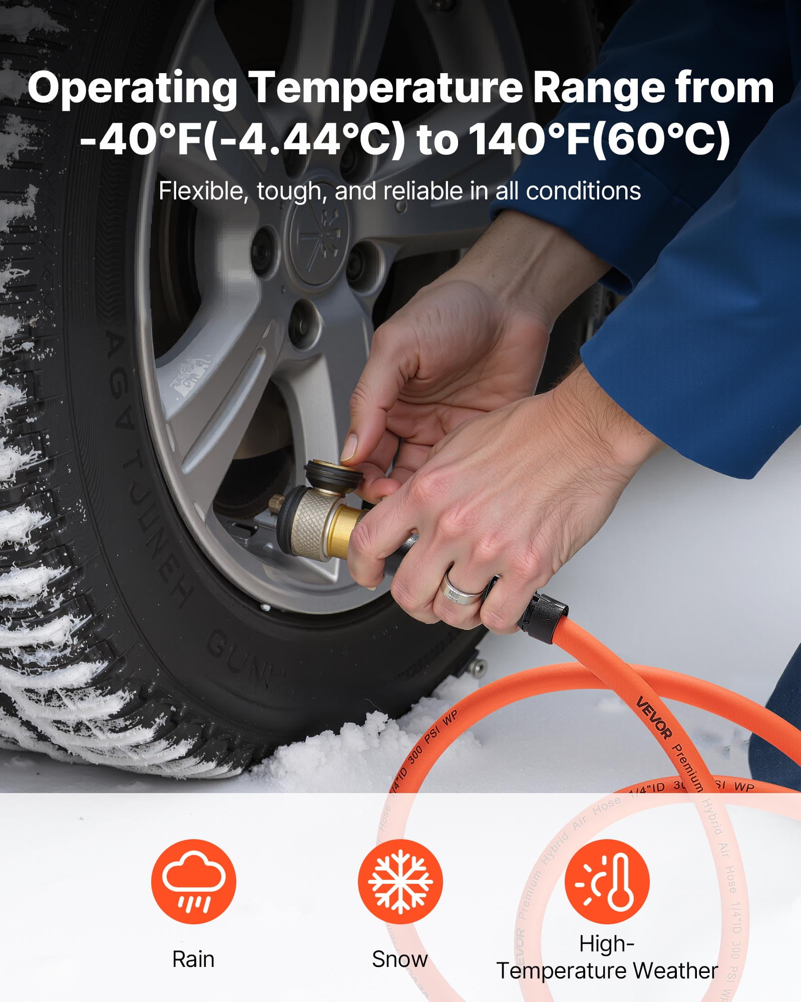 VEVOR Air Hose, 1/2" x 100ft Hybrid Air Hose, Lightweight, Kink Resistant, Pneumatic Hoses with 1/2 inch Solid Brass Male Fitting, Three-Layer Hybrid Material, 300 PSI, All-Weather Flexibility,Orange