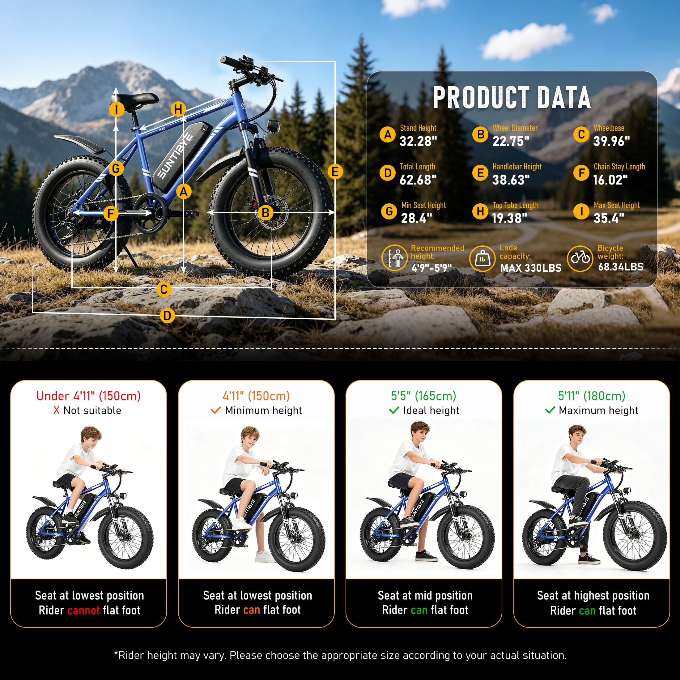 SUNTIBYE K10 Electric Bike 1000W, 48V 15Ah, 20" Fat Tire Ebike, 28MPH, E-Mountain Bike UL2849,Blue