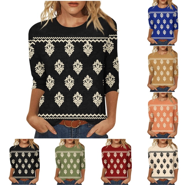 QATAINLAV Blouses pour Femmes Habillées Décontractées Manches 3/4 Col Rond Tuniques Chemises Imprimé Graphique Vintage Boho Hauts d'Été Grande Taille T-Shirts Soldes Quotidiennes Liquidation Vert TTTG