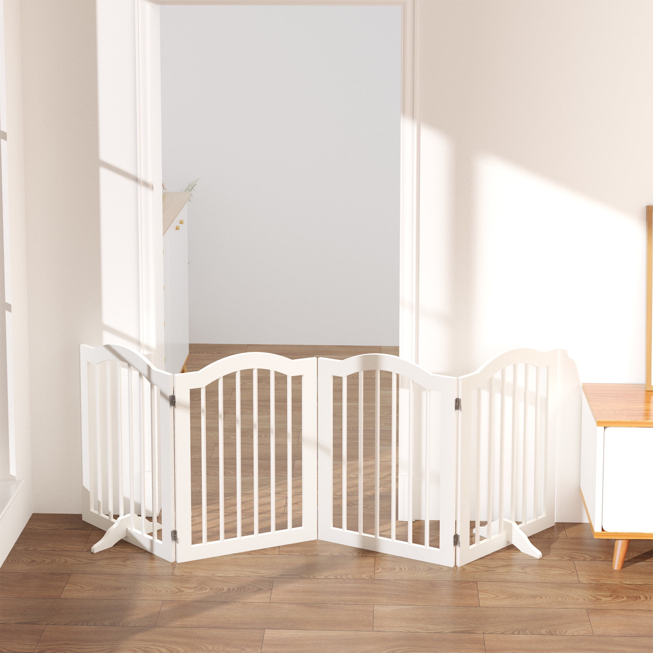 Noble House 27.6" Tall 4-Panel Freestanding Pet Gate, Foldable Wooden Dog Safety Fence for Doorways & Stairs, White