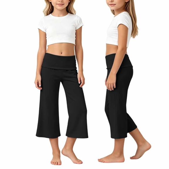 lnmuld Girls Foldover Waist Cropped Flare Leg Pants Elastic Breathable Knit Capri Bootcut Casual Yoga Bottoms Size:7-8 Years