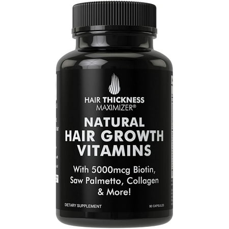 Natural Hair Growth Vitamins by Hair Thickness Maximizer - Hair Regrowth Vitamin Supplement with Biotin 5000 mcg, Collagen, Saw Palmetto. Stop Hair Loss, get Thicker Hair for Men, Women. Made in USA