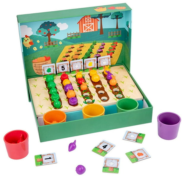 1 juego de tazas de madera para clasificar y reconocer colores de frutas y verduras de granja