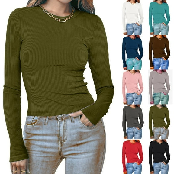 VgaVtl Womens Tops Dressy Long Sleeve Green Tshirts Shirts for Women Slim Casual Solid Tops