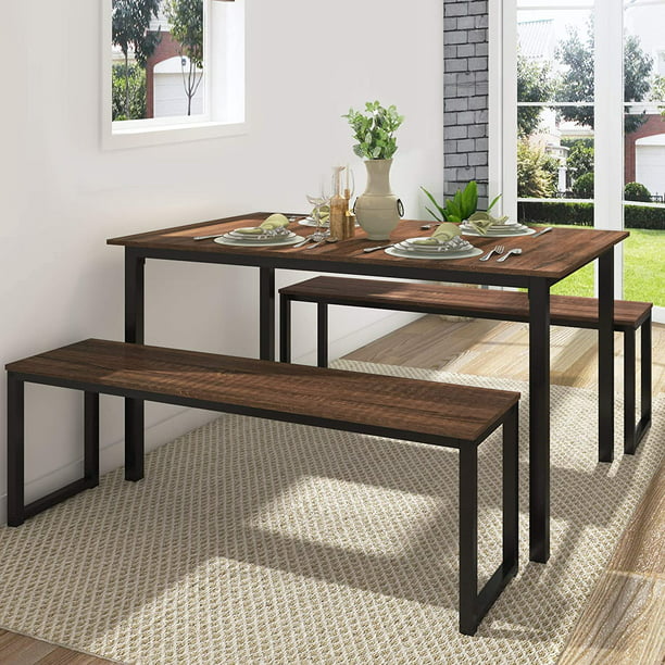 Fitueyes 3 Piece Dining Table Set With 2 Benches Industrial Brown Walmart Com Walmart Com