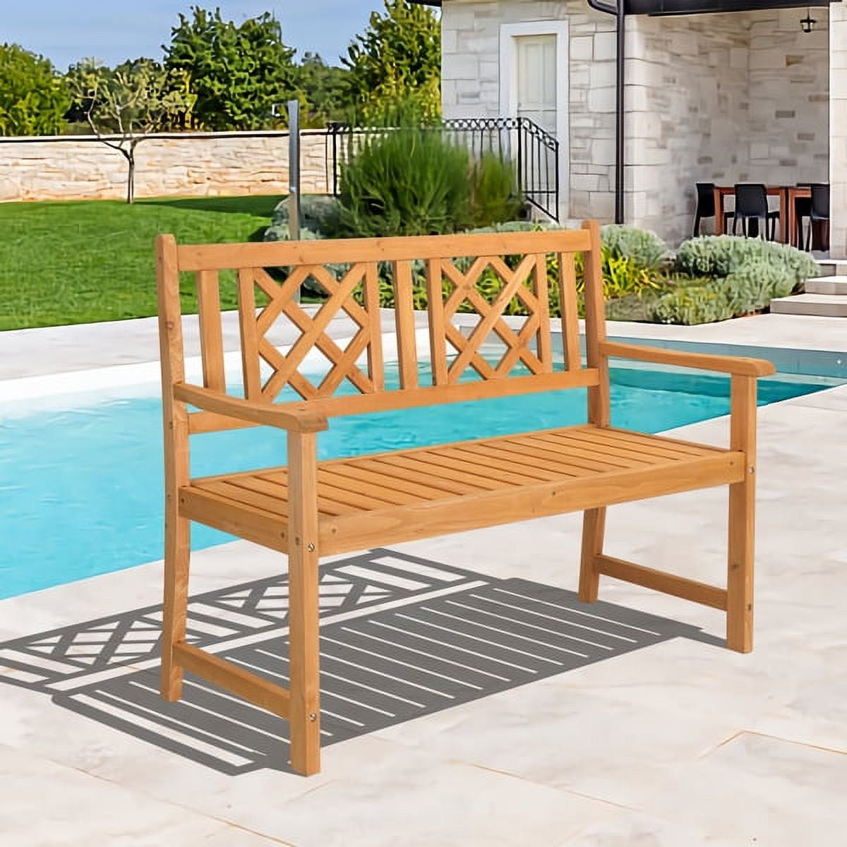 Outdoor Garden Fir Grid Back Wooden Bench Burlywood
