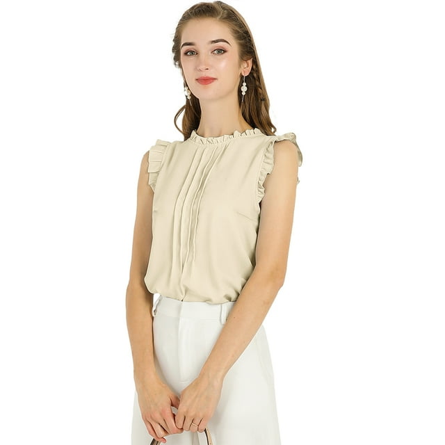 Blusa elegante Sin mangas Vintage 1950 Allegra K con volantes para Oficina de Negocios Mujer Beige S