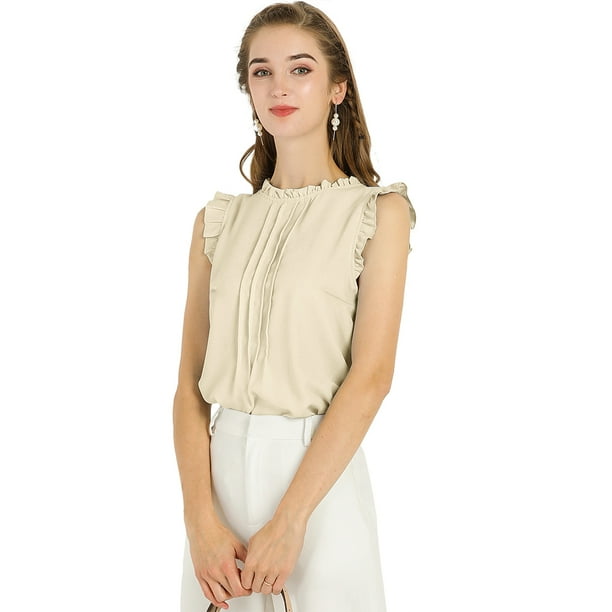 Blusa elegante Sin mangas Vintage 1950 Allegra K con volantes para Oficina de Negocios Mujer Beige S