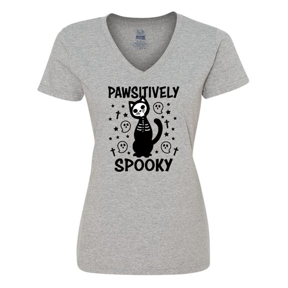 Inktastic Pawsitively Spooky Skeleton Cat with Ghosts and Crosses Women's V-Neck T-Shirt