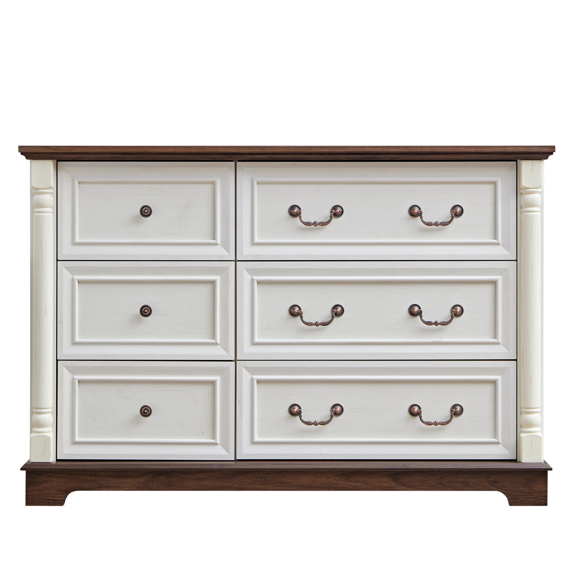 AENKYO 6-Drawer Wide Dresser, Rustic Farmhouse Chest of Drawers for Bedroom or Living Room, Antique White