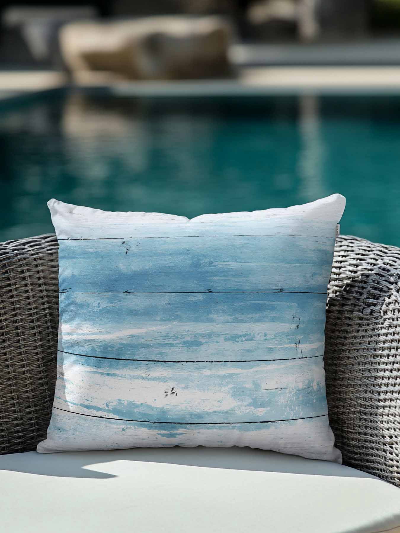 1 Pack Outdoor Throw Pillow, Summer Blue Ocean Waterproof Pillow with Insert Included, Farmhouse Wooden Grain Modern Art Decorative Accent Cushion Sofa Pillows for Patio Porch, 16 x 16 In
