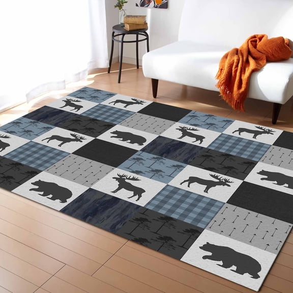 Area Rugs Indoor Non-Slip Rectangle Rug 5x8 Ft Vintage Plaid Retro Elk Bear Blue Grey Stripes Rug Rubber Backing Floor Mats Non Shedding Home Decor Carpet for Entryway Living Room