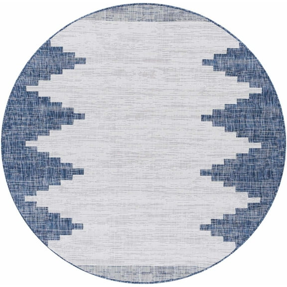 Hauteloom Djugun Outdoor Area Rug - Outside Porch Patio Rug Carpet - Waterproof Rug - Geometric - Blue, Gray, Cream, Beige - 6'7" Round
