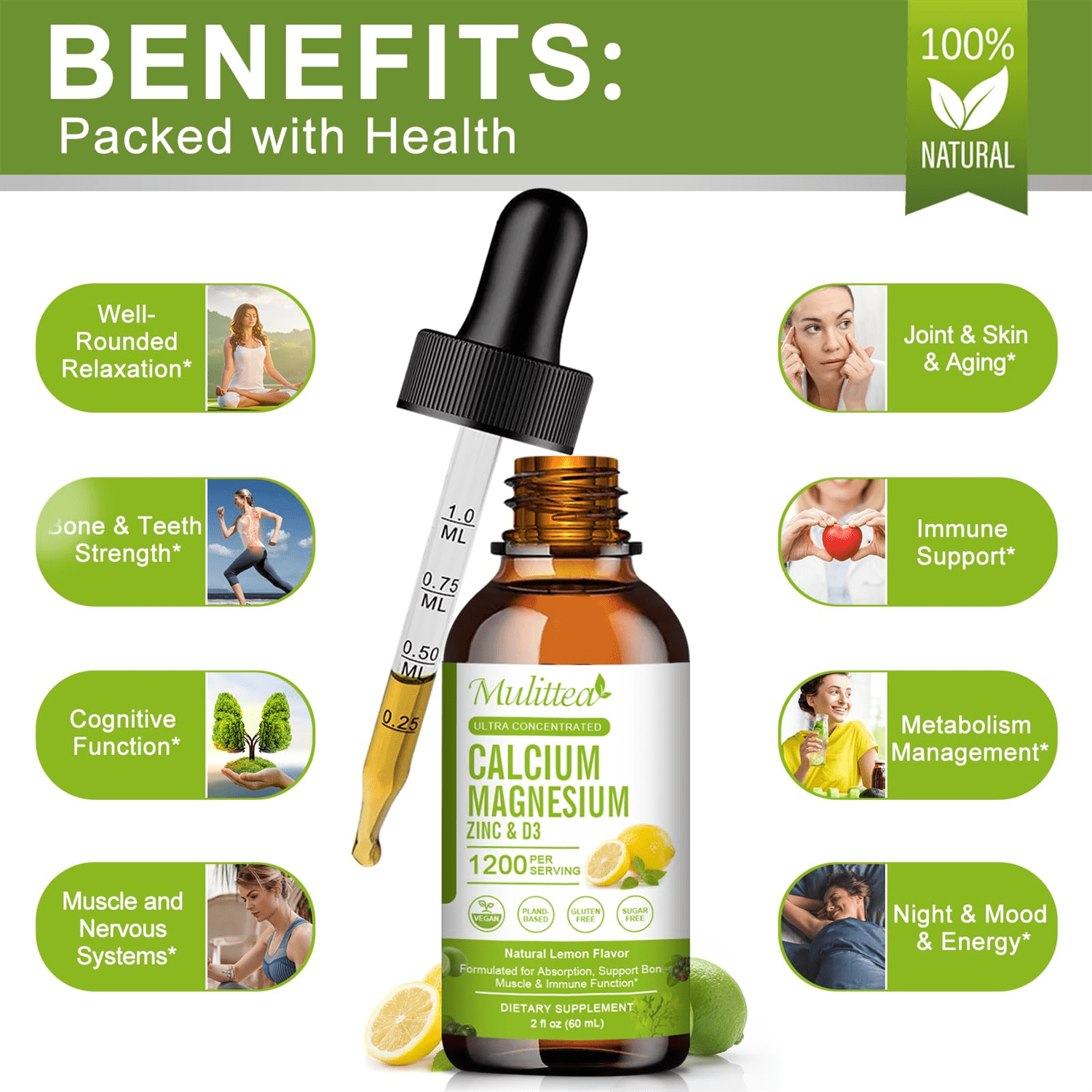 Calcium Magnesium Zinc Liquid with Vitamin D3, Magnesium Glycinate Drops Plus Vitamin C K2, High Absorption Plant Calcium Supplement for Heart & Bone, 60 Servings, Lemon Flavor