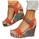 thumbnail image 3 of Bmisegm Ladies Summer Retro Ethnic Style Printing High Heel Thick Bottom Buckle Large Size Slope Heel Sandals Sandals Women Summer Red 6.5, 3 of 9