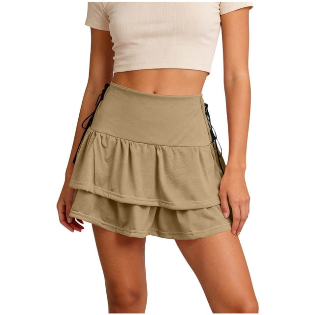 TaTaai Women's Solid High Waisted A-Line Mini Skirt Tiered Ruffle Tie Waist Double Layer Hem Vintage Style for Casual Summer Daily Wear Gift