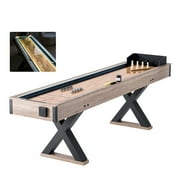 KFFKFF Shuffleboard and Bowling Table, 9 ft with LED Illumination for Home Entertainment, Dual-Use Game Set, Durable Surface, Sturdy Legs, Includes 8 Pucks, Bowling Pins, Wax, and Brush