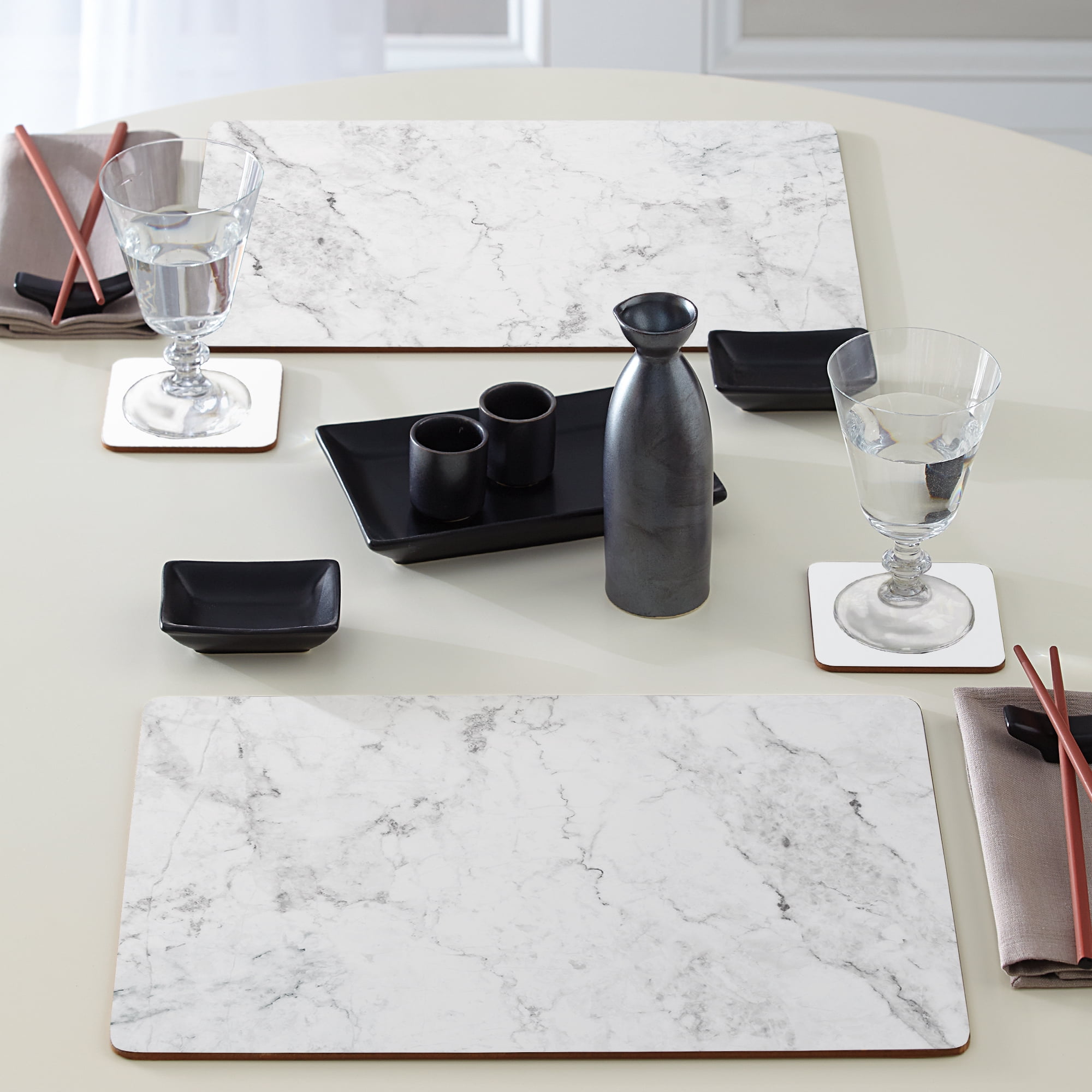 Cala Home "White Marble Design" Premium Decorative Hardboard Cork Back Tabletop Placemats 4 Pack