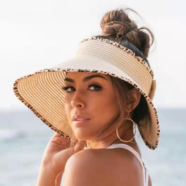Women Sun Visors Wide Brim Foldable Beach Hat Straw Bow 