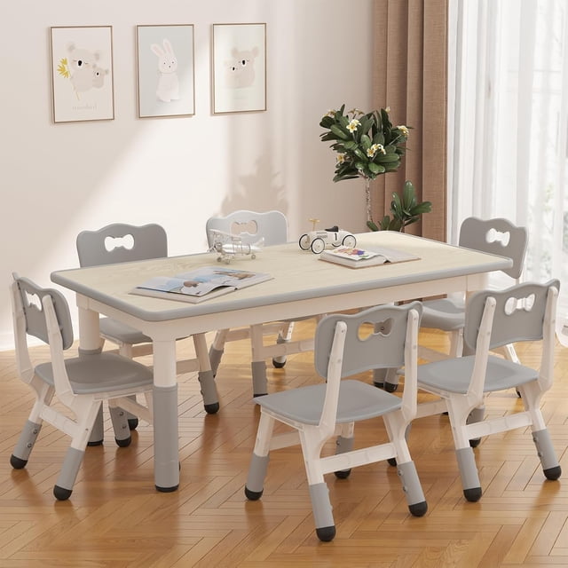 Kojooin Kids Table and 6 Chairs Set with Storage, Adjustable Height Activity Table with Graffiti Wipeable Desktop and Non-Slip Legs