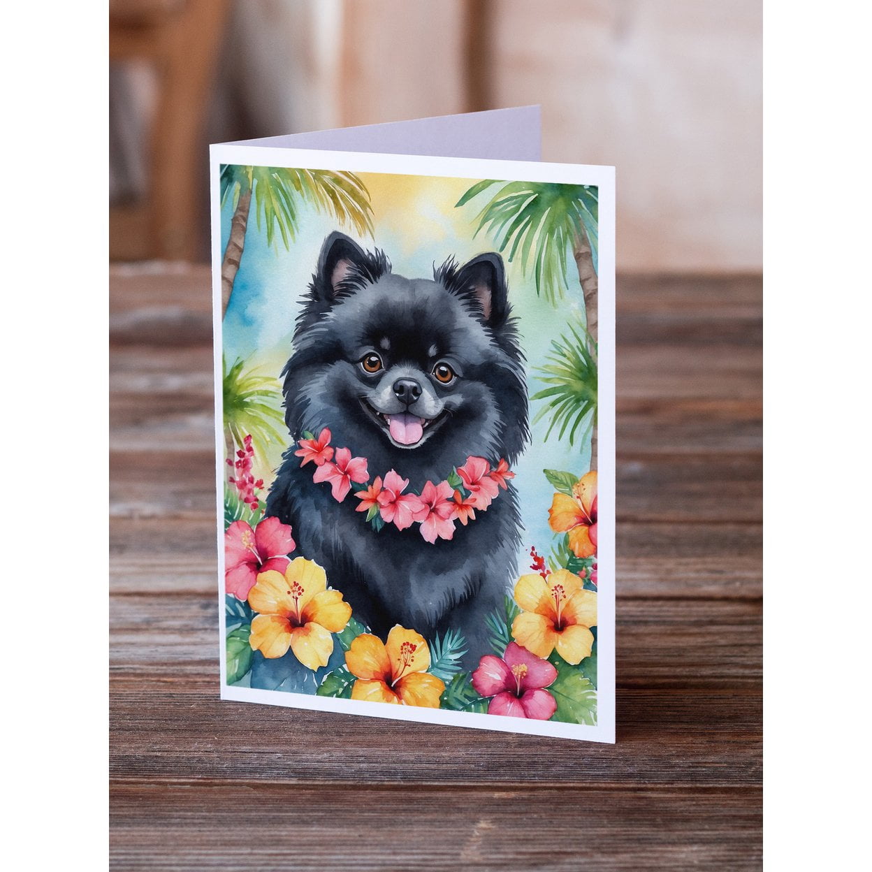 Pomeranian Luau Greeting Cards Pack of 8 7 in x 5 in