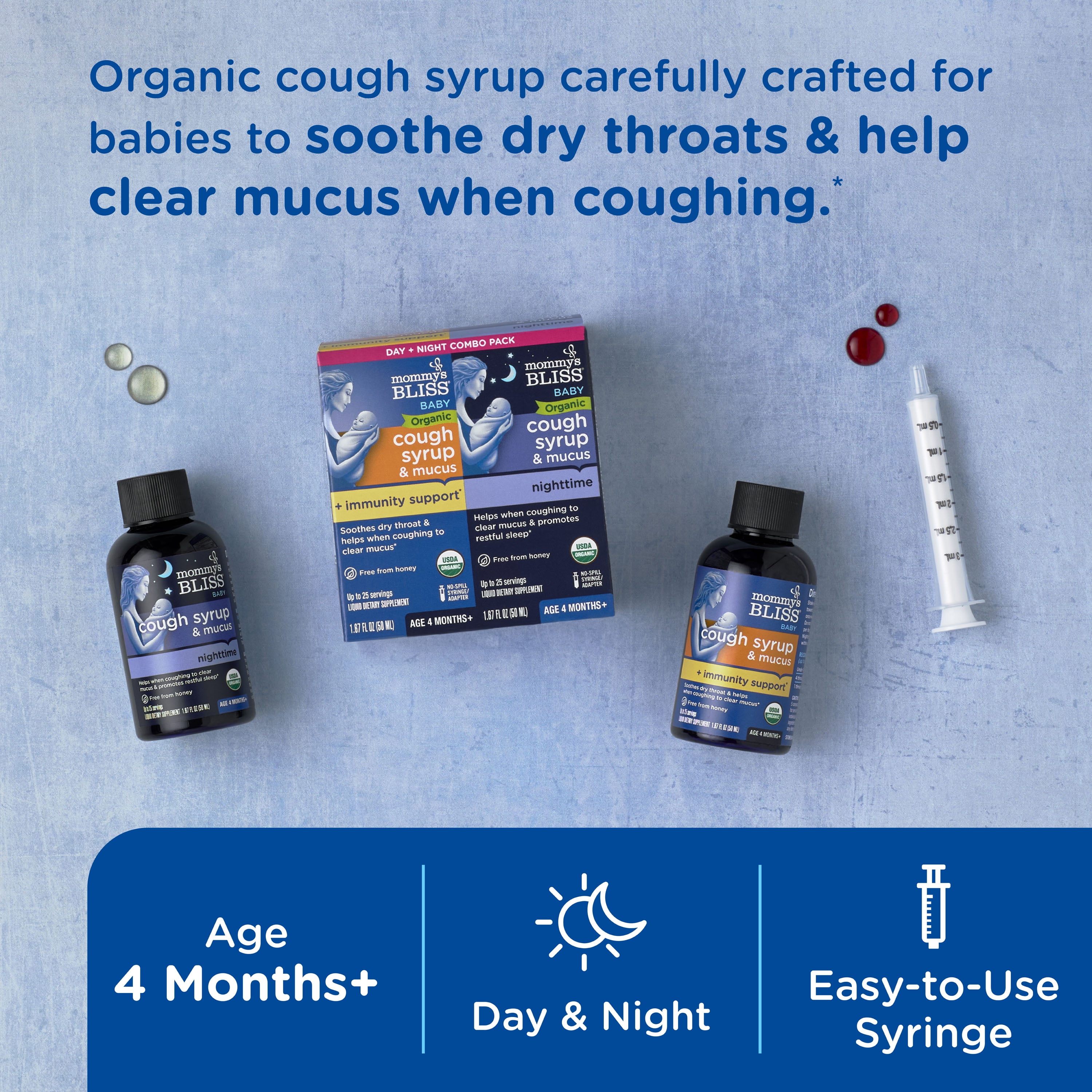 (3 pack) Mommy's Bliss Organic Day + Night Organic Cough Syrup,Age 4 Months+, over-The Counter,(2) 1.67 fl. oz. Bottles