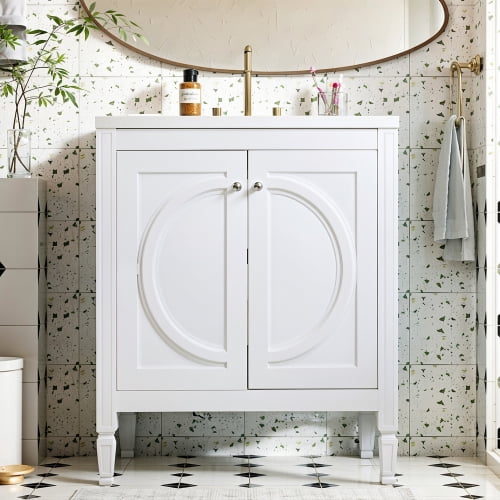 Modern Farmhouse 30 Inch Bathroom Vanity with Ceramic Sink White Solid Wood MDF No Assembly Needed Soft Close Doors Storage Cabinet