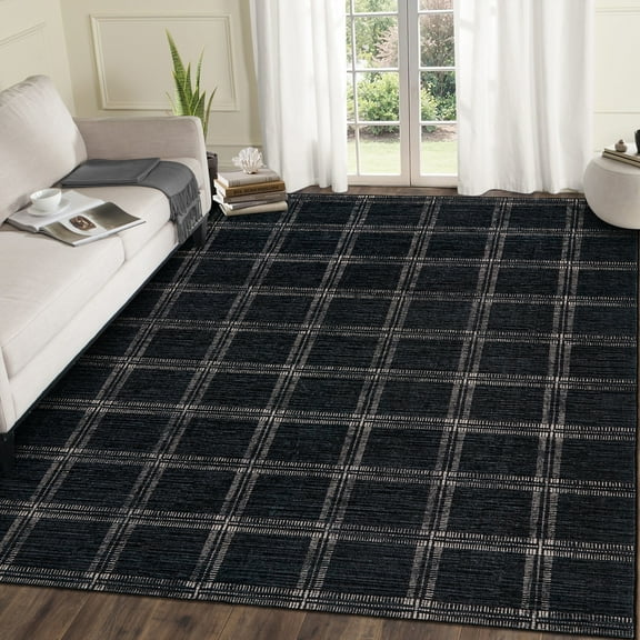 COZONY 5x7 Area Rug, Machine Washable, Non-Slip Backing, Stain-Resistant Modern Plaid Geometric Rug for Bedroom, Dorm, Office, Black