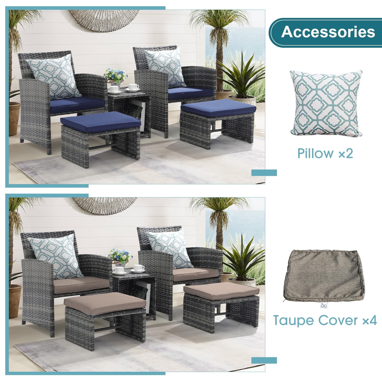 JOIVI 5 Piece Patio Furniture Set, Wicker Outdoor Conversation Chair and Ottoman Set with Coffee Table, Pillows Included, Navy Blue