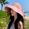 thumbnail image 2 of CSChome Sun Hat Ruffle Wide Brim Hat Knitting Empty Dome Bowknot Decor Embossing Process Women Patchwork Color Travel Bucket Hat Fashion, 2 of 7