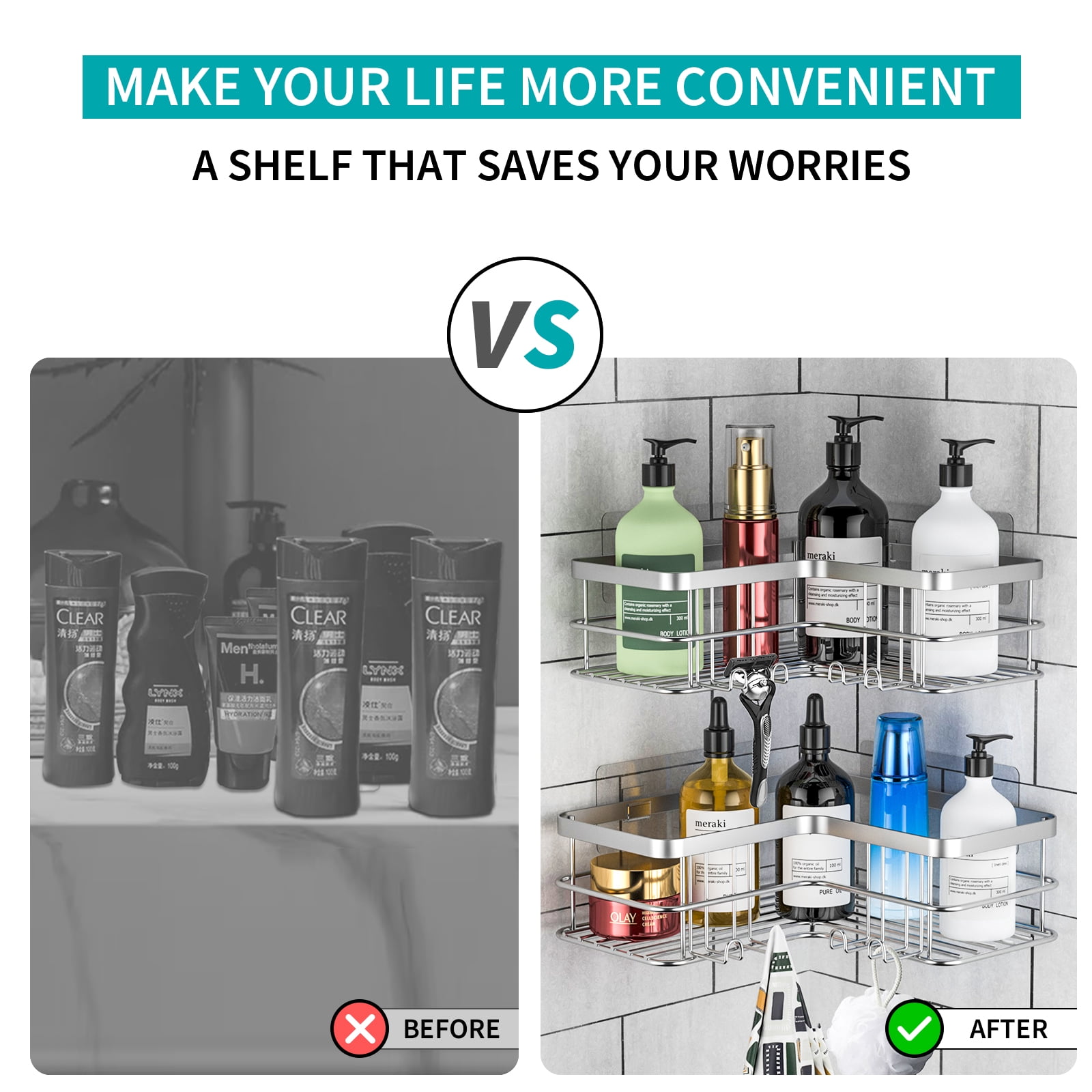 stusgo Corner Shower Caddy 2 Pack, Bathroom Shower Organizer Shelves, No Drilling Corner Shower Shelves Shampoo Holder with 8 Hooks and 6 Adhesives (Silver)