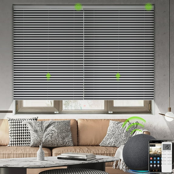 Yoolax Motorized Aluminum Venetian Blinds Electric Window Mini Blinds Remote Control Automatic Horizontal Blinds(Black and White 2,71"W x 72"H)