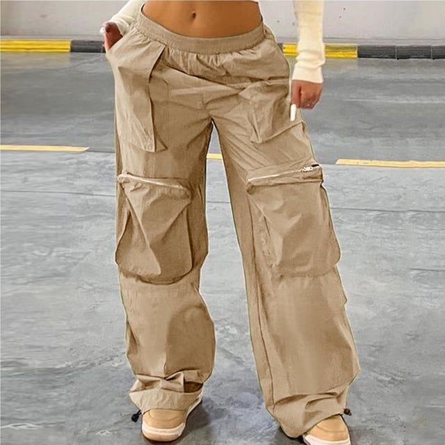 Lydiaunistar Womens Casual Elastic Waist Loose Long Pants with Zipper Pockets, Solid Color Lightweight Polyester Comfy Lounge Travel Work Home All Seasons Khaki