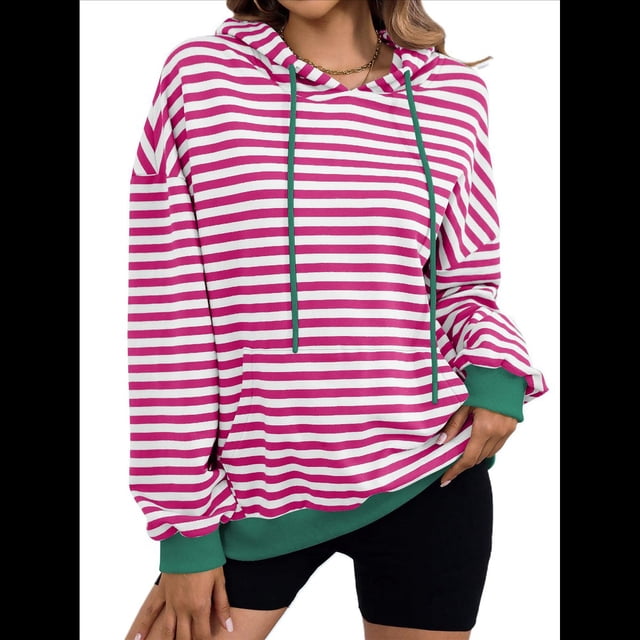 Sudadera con Capucha A Rayas para Mujer, Estilo Adolescente, para Otoño. Rosa Roja L