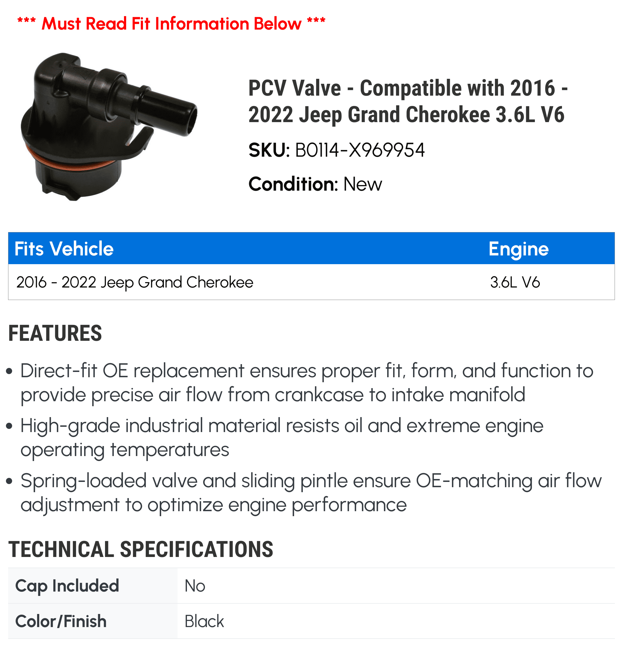 PCV Valve - Compatible with 2016 - 2022 Jeep Grand Cherokee 3.6L V6 2017 2018 2019 2020 2021