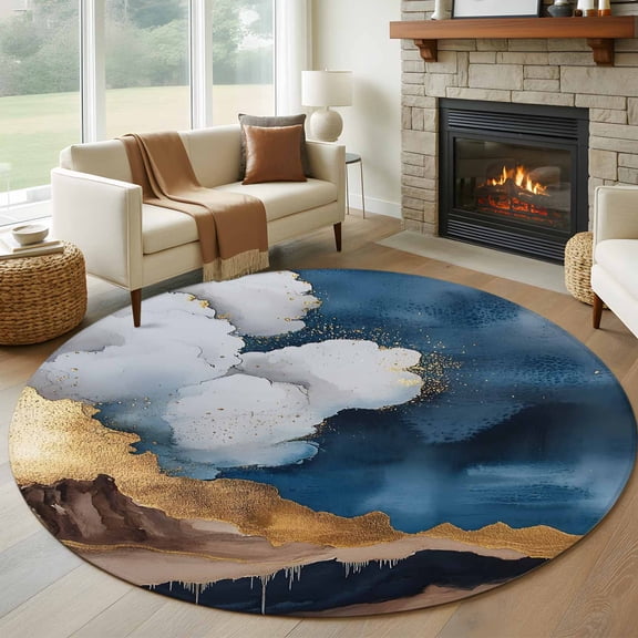 Round Rugs 5Ft, Navy Blue Brown Round Area Rug Washable Indoor Throw Carpet, Modern Artwork Abstract Vintage Soft Non Slip Circle Rug for Cabinet Bathroom Home Decor Aesthetic
