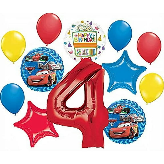 Mayflower Products Disney Cars 4th Birthday Balloon Bouquet, 12 pieces, Red/Blue/Yellow