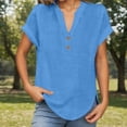 thumbnail image 2 of Womens Casual Tops Fashion Solid Color V Neck Linen Short Sleeved Summer Tops,Light Blue,2XL, 2 of 5