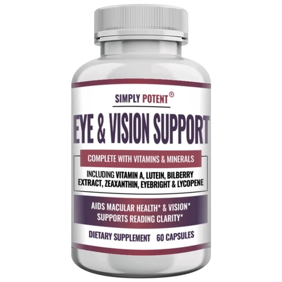Simply Potent Eye Vitamins, Vision Supplements with Lutein, Zeaxanthin, Bilberry, Eyebright & Lycopene, 60 Capsules
