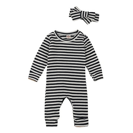 

Diconna Baby Girls Boys Romper Striped Round Neck Jumpsuits + Headband Outfit