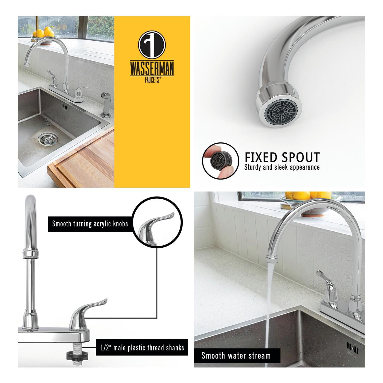 23073024 - Non Metallic Kitchen Sink Faucet 360 Degree Swivel High Spout Double Handle Washerless with Side Spray