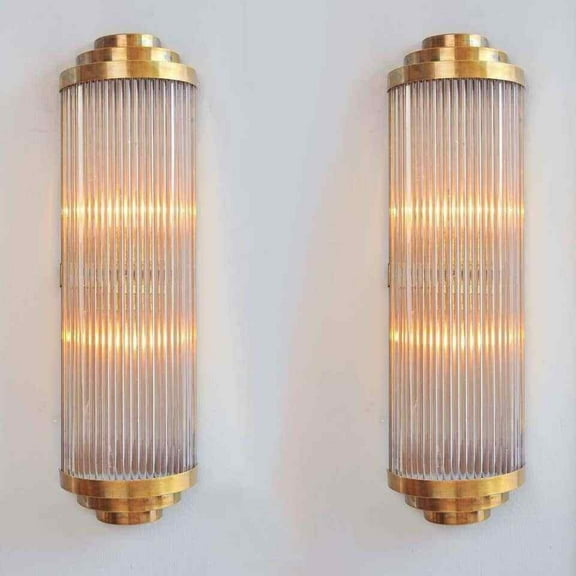 Pair Of Antique Old Vintage Art Deco Brass & Glass Rod Ship Light Wall Sconces Lamp