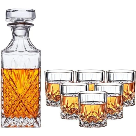 Whiskey Glasses and Decanter Set , Crystal Whiskey Decanter 750ml, Whiskey Decanter Sets for Men, 7 Pieces
