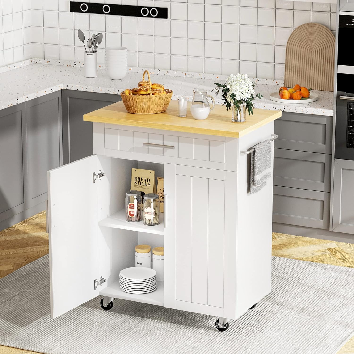 22" Kitchen Island on Wheels with Storage Cabinet Kitchen Cart Cabinet with Shelves, Cart Handle for Towel Rack or Free Mobility, Portable Islands for Kitchen,Black